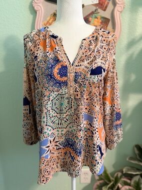 Daniel Rainn Mosaic-Print V-Neck Tunic in Orange, Blue & Cream